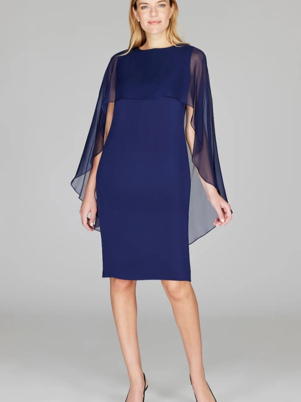 Emmelle Design Navy Blue Silk Sheath Dress with Chiffon Capelet - Size M